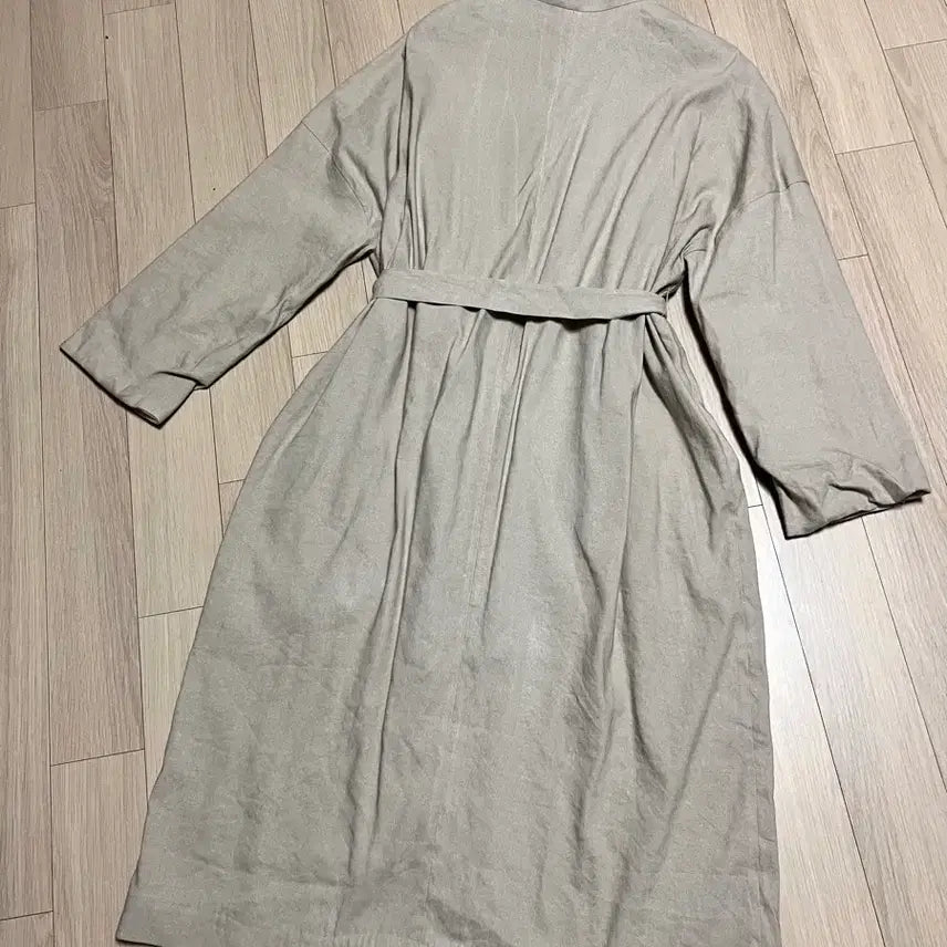 [BUNJANG] DKNY Linen No-Collar Trench Coat Cardigan Beige / DKNY 린넨 노카라 바바리 롱 트렌치코트 로브 가디건 베이지 간절기