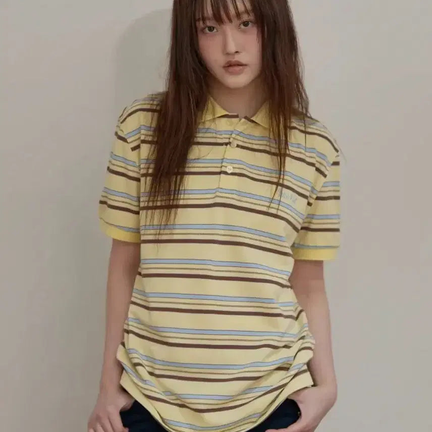 [BUNJANG] YK Stripe Logo Pique T-Shirt Yellow + Dolphin Label Socks White / 와이케이 스트라이프 로고 피케 반팔티셔츠 옐로우+돌핀 라벨 삭스 화이트