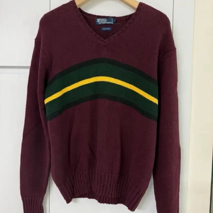 [BUNJANG] Polo Ralph Lauren V-Neck Striped Knit Burgundy / 폴로 랄프로렌 브이넥 스트라이프 니트 버건디