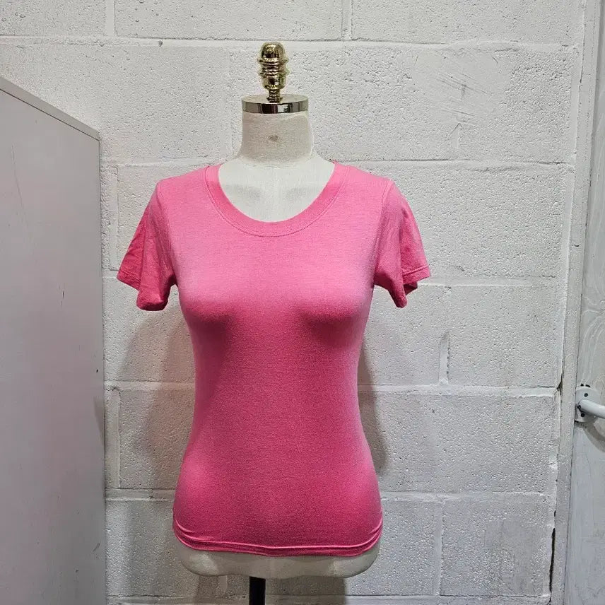 [BUNJANG] Silk Blend Round Neck Short Sleeve T-shirt - Pink / 실크면 라운드 반팔- 핑크