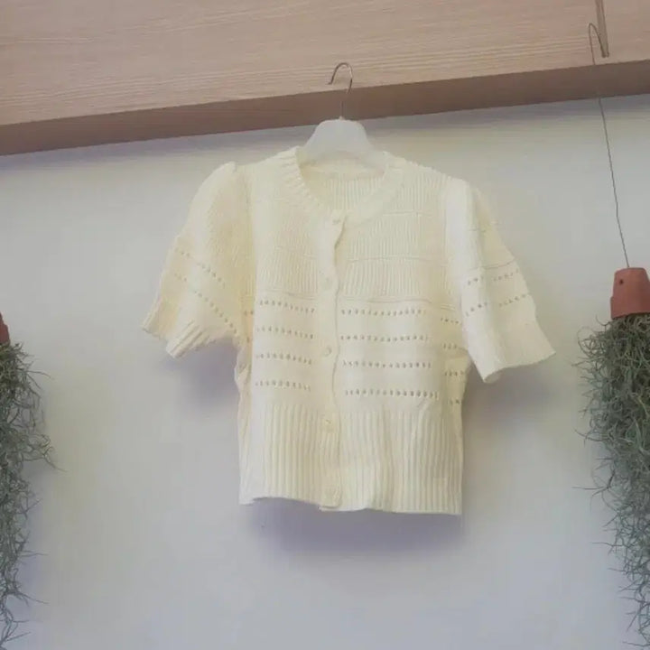 [BUNJANG] Ivory Puff Sleeve Knit Cardigan / (새옷) 아이보리 퍼프반팔 니트 가디건 55~66반사이즈