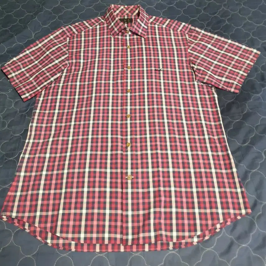[BUNJANG] Daks Classic Check Short Sleeve Shirt / (빈티지) 닥스 레터링 로고자수 클래식체크 반팔 셔츠 (100)