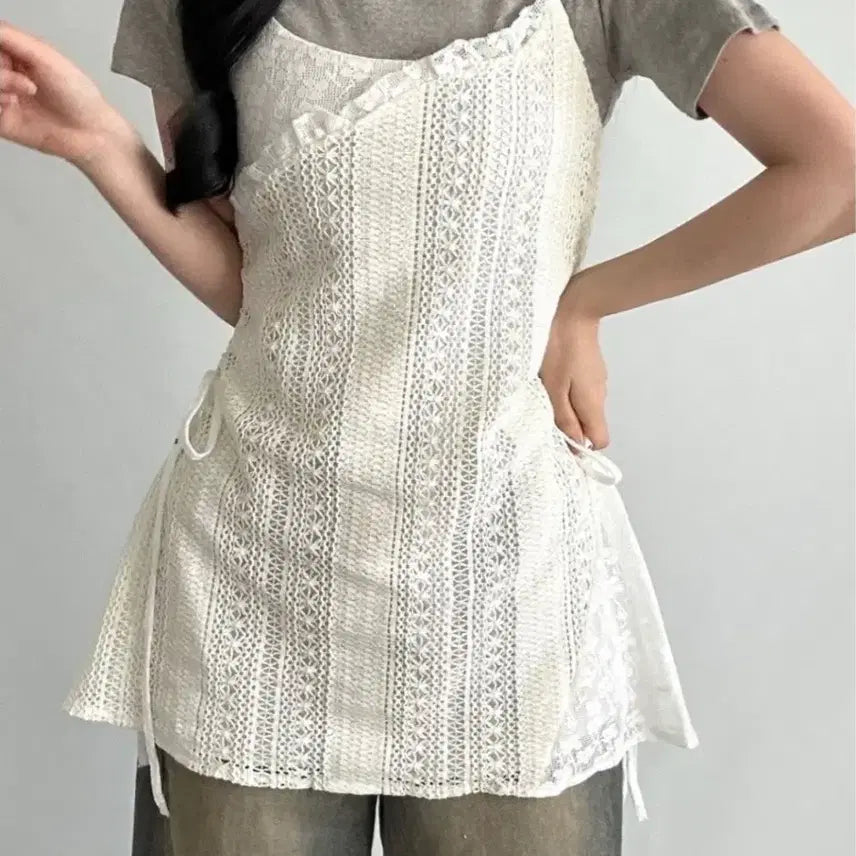 [BUNJANG] (새제품)펀칭 레이스 리본 레이어드 랩나시 / (새제품)펀칭 레이스 리본 레이어드 랩나시