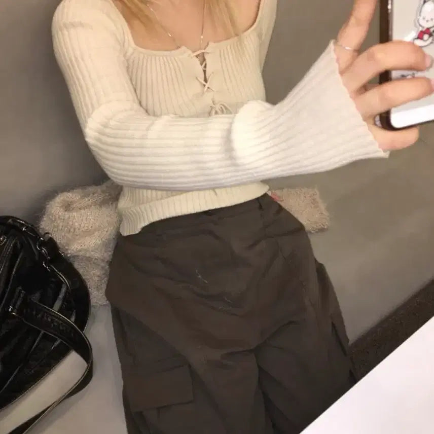 [BUNJANG] Our Cabinet Ribbon Golgi Knit Top Beige / 아워캐비넷 ribbon golgi knit 베이지