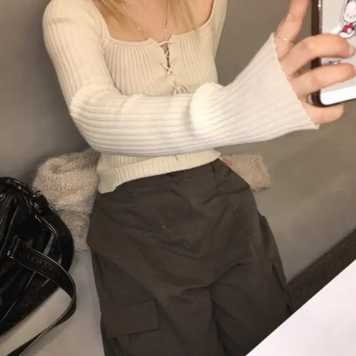 [BUNJANG] Our Cabinet Ribbon Golgi Knit Top Beige / 아워캐비넷 ribbon golgi knit 베이지