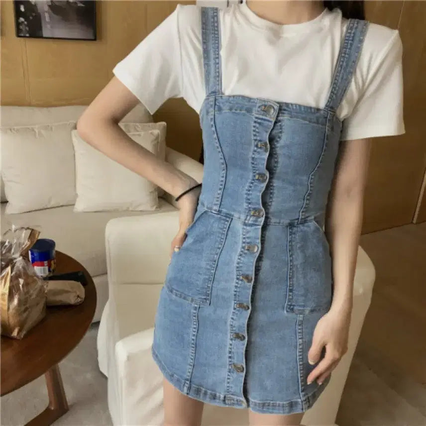 [SOLD OUT] 연청 버튼 미니원피스