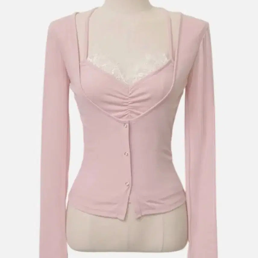 [BUNJANG] Layered Halter Neck Shirred Lace Cami Cardigan Set Pink / 레이스 코어 나시 가디건 세트