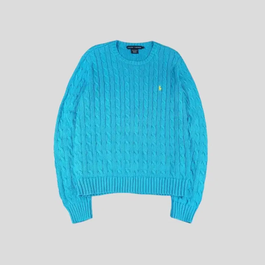 [BUNJANG] Polo Ralph Lauren Cable Knit Cotton Sweater / 폴로랄프로렌 라이트블루 옐로우포니 케이블패턴 꽈배기패턴 라운드넥 코튼 니