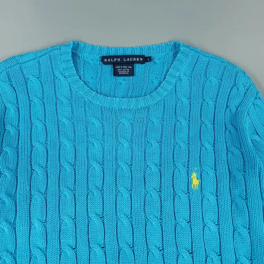 [BUNJANG] Polo Ralph Lauren Cable Knit Cotton Sweater / 폴로랄프로렌 라이트블루 옐로우포니 케이블패턴 꽈배기패턴 라운드넥 코튼 니