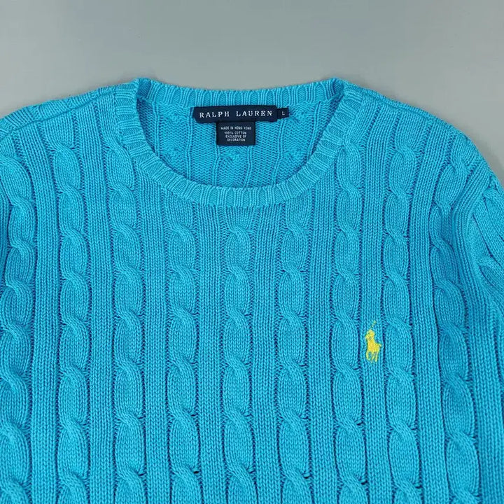 [BUNJANG] Polo Ralph Lauren Cable Knit Cotton Sweater / 폴로랄프로렌 라이트블루 옐로우포니 케이블패턴 꽈배기패턴 라운드넥 코튼 니