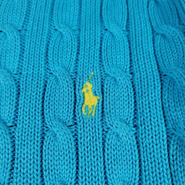 [BUNJANG] Polo Ralph Lauren Cable Knit Cotton Sweater / 폴로랄프로렌 라이트블루 옐로우포니 케이블패턴 꽈배기패턴 라운드넥 코튼 니
