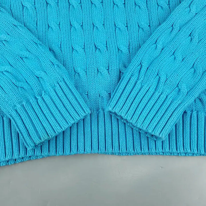 [BUNJANG] Polo Ralph Lauren Cable Knit Cotton Sweater / 폴로랄프로렌 라이트블루 옐로우포니 케이블패턴 꽈배기패턴 라운드넥 코튼 니