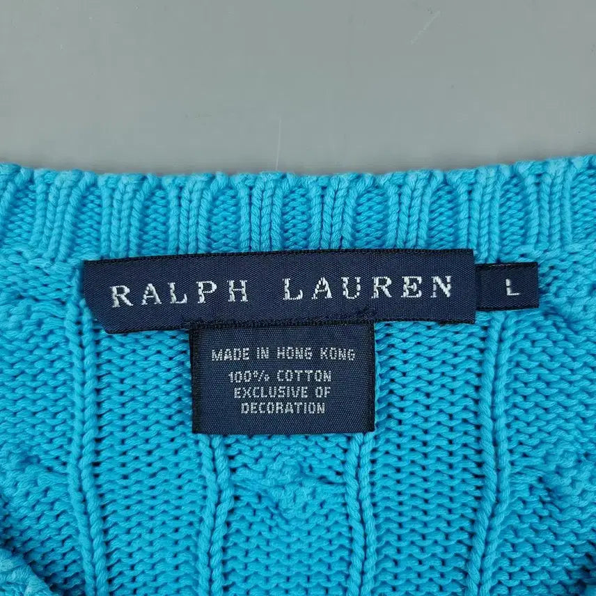 [BUNJANG] Polo Ralph Lauren Cable Knit Cotton Sweater / 폴로랄프로렌 라이트블루 옐로우포니 케이블패턴 꽈배기패턴 라운드넥 코튼 니
