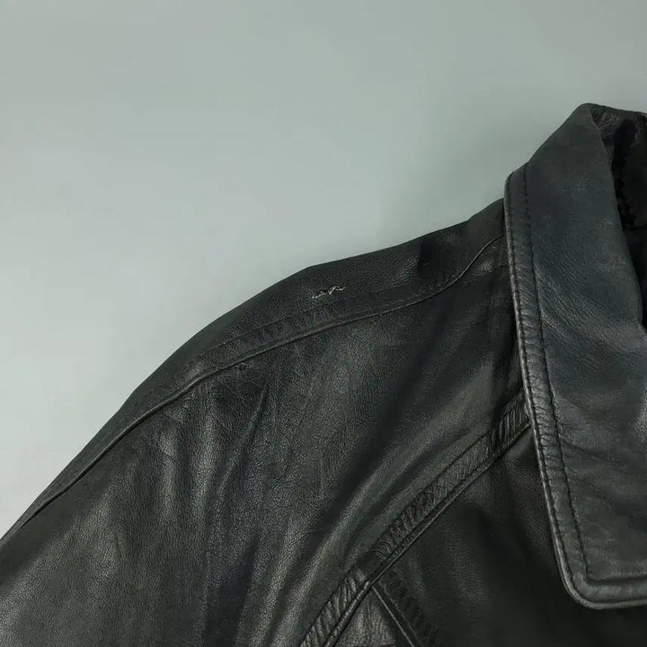 [BUNJANG] Vintage Black Raglan Hidden Zipper Four-Pocket Lambskin Leather Jacket / 빈티지 에이징 블랙 레글런 히든지퍼 포포켓 카라넥 램스킨 양가죽 레더자켓