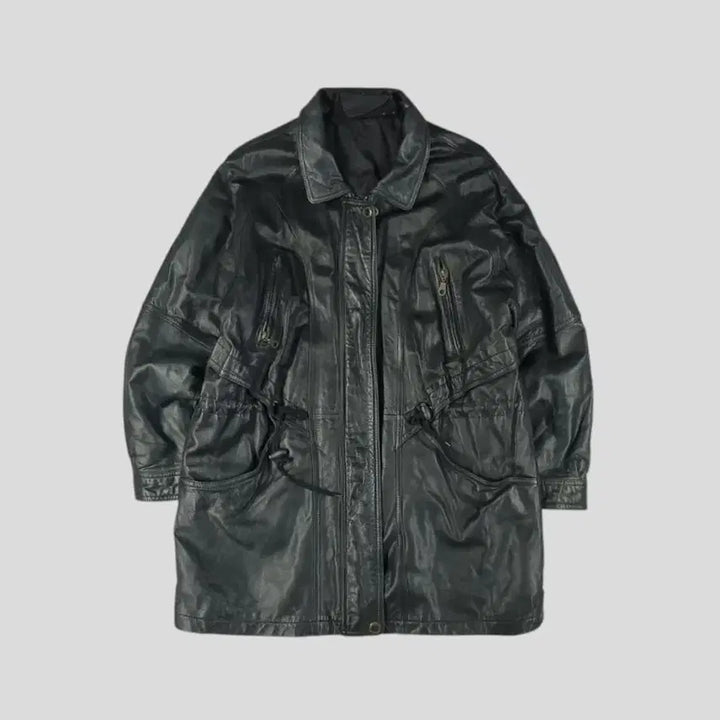 [BUNJANG] Vintage Black Raglan Hidden Zipper Four-Pocket Lambskin Leather Jacket / 빈티지 에이징 블랙 레글런 히든지퍼 포포켓 카라넥 램스킨 양가죽 레더자켓