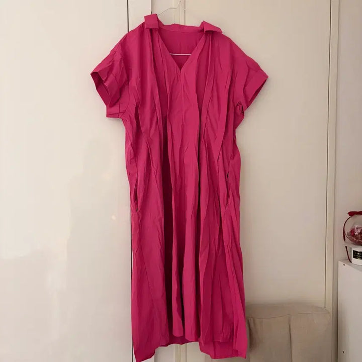[BUNJANG] Pink V-Neck Short Sleeve Long Dress / 핑크색 브이넥 반팔 롱 원피스
