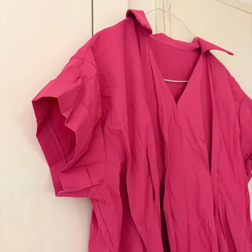 [BUNJANG] Pink V-Neck Short Sleeve Long Dress / 핑크색 브이넥 반팔 롱 원피스