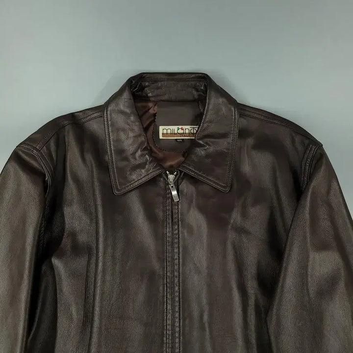 [BUNJANG] MILONO Brown Split Leather Jacket / MILONO 밀라노 브라운 절개 백신치 카라넥 램스킨 양가죽 싱글 레더자