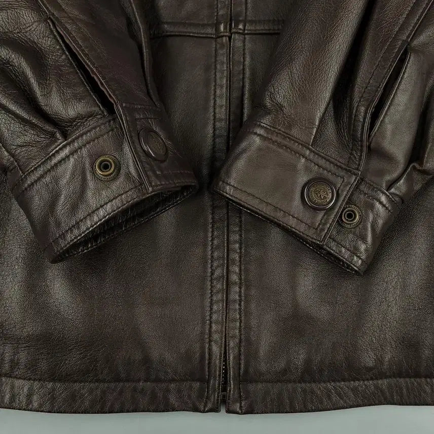 [BUNJANG] MILONO Brown Split Leather Jacket / MILONO 밀라노 브라운 절개 백신치 카라넥 램스킨 양가죽 싱글 레더자