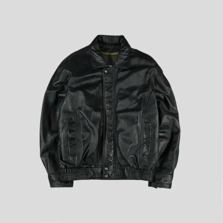 [BUNJANG] Vintage Aging Black Leather Jacket / 빈티지 에이징블랙 절개 히든지퍼 이너조끼 봄버 램스킨 양가죽 레더자켓 가