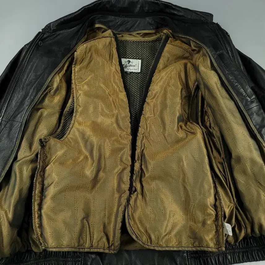 [BUNJANG] Vintage Aging Black Leather Jacket / 빈티지 에이징블랙 절개 히든지퍼 이너조끼 봄버 램스킨 양가죽 레더자켓 가