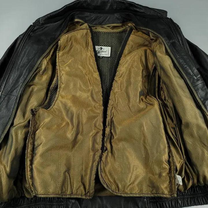 [BUNJANG] Vintage Aging Black Leather Jacket / 빈티지 에이징블랙 절개 히든지퍼 이너조끼 봄버 램스킨 양가죽 레더자켓 가