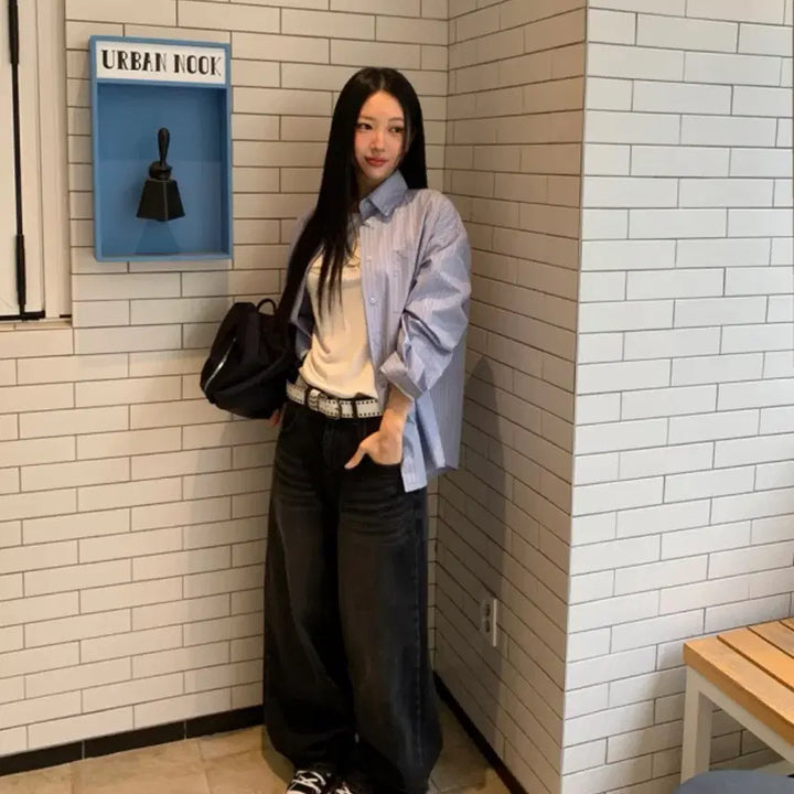 [BUNJANG] Vei Daily Striped Lettering Oversized Shirt / 새상품) 베이델리 스트라이프 레터링 오버핏 셔츠