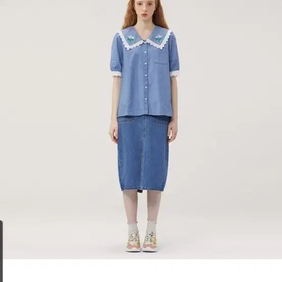 [BUNJANG] Thursday Island Embroidered Collar Denim Blouse / 써스데이아일랜드 자수카라데님블라우스
