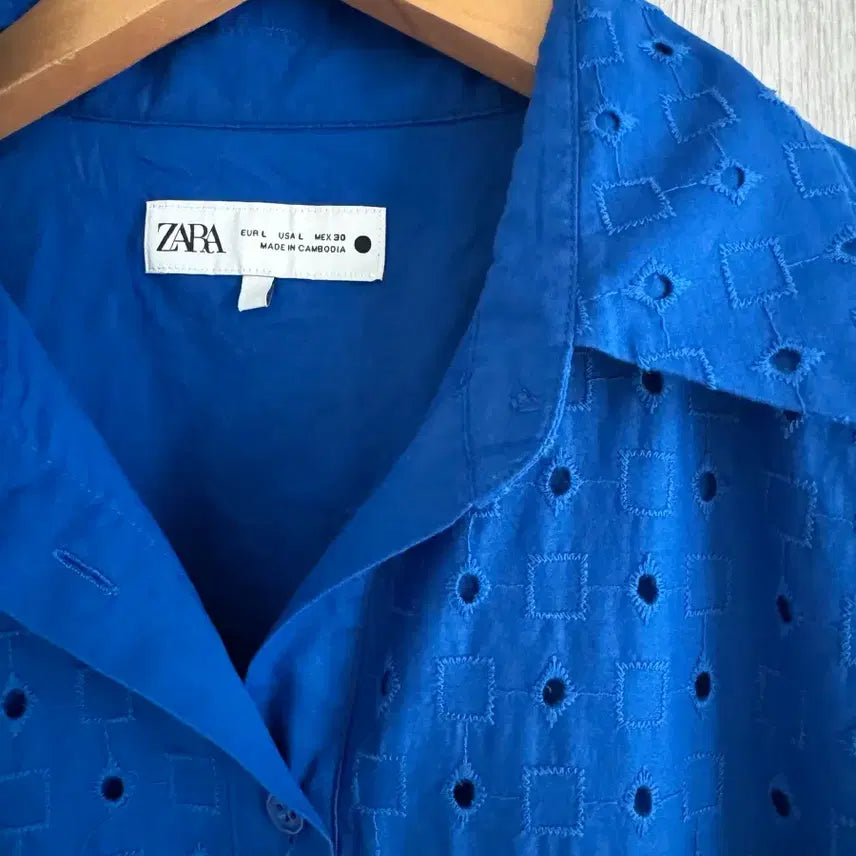 [BUNJANG] ZARA Blue Punching Cotton Shirt Dress L / ZARA 자라 블루 펀칭 자수 셔츠 면 원피스 L