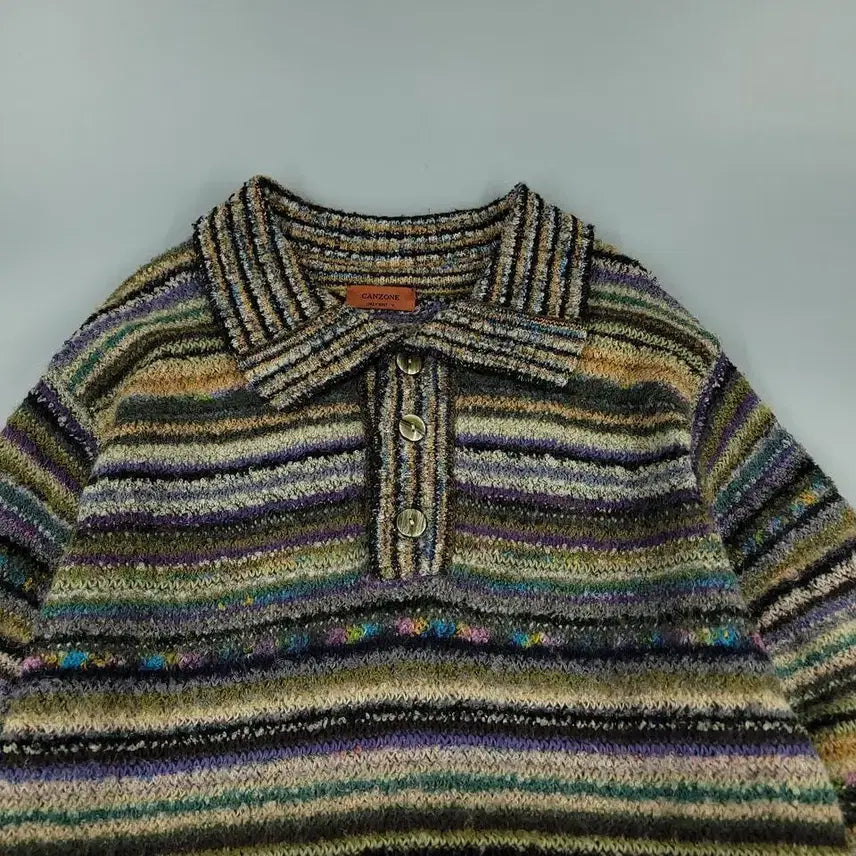 [BUNJANG] CANZONE Green Tone Multi-color Striped Ethnic Pattern Half Blouse / CANZONE 그린톤 멀티컬러 스트라이프패턴 에스닉패턴 히피 모리 하프버