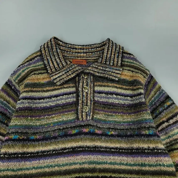 [BUNJANG] CANZONE Green Tone Multi-color Striped Ethnic Pattern Half Blouse / CANZONE 그린톤 멀티컬러 스트라이프패턴 에스닉패턴 히피 모리 하프버