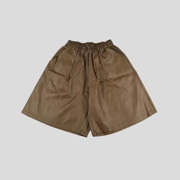 [BUNJANG] Vintage Brown Vegan Leather Bermuda Shorts / 빈티지 브라운 밴딩 비건레더 버뮤다 와이드 반바지 하프팬츠 24-28