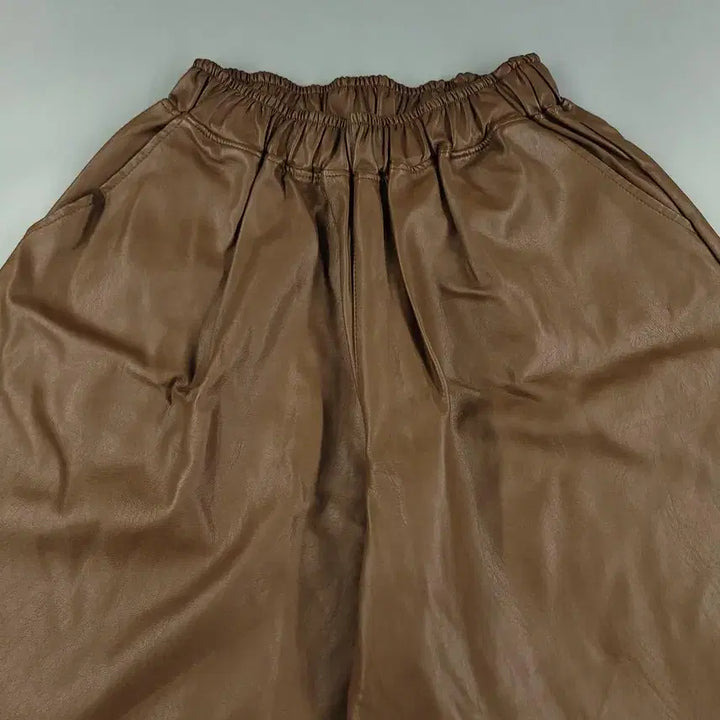 [BUNJANG] Vintage Brown Vegan Leather Bermuda Shorts / 빈티지 브라운 밴딩 비건레더 버뮤다 와이드 반바지 하프팬츠 24-28