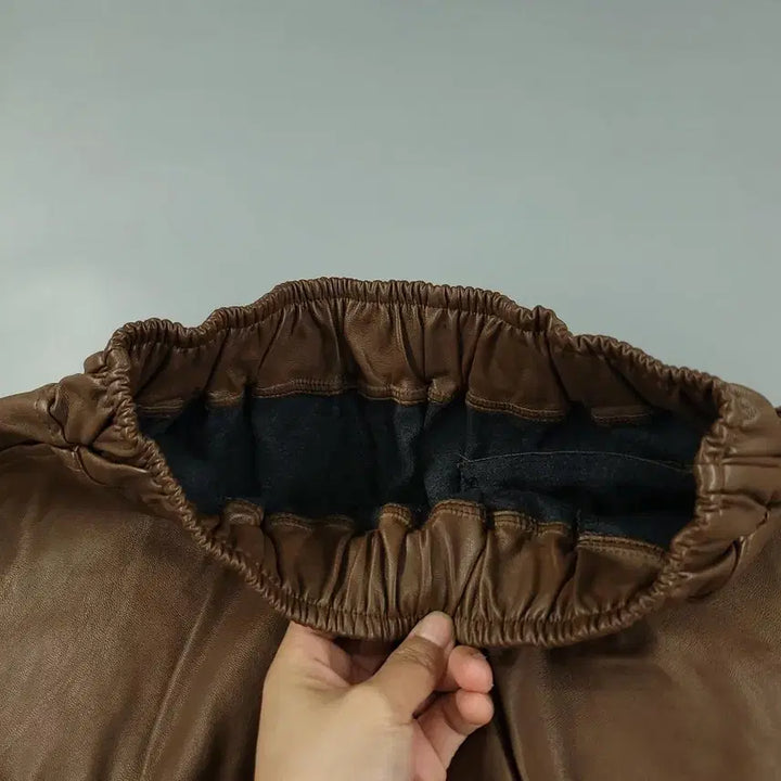 [BUNJANG] Vintage Brown Vegan Leather Bermuda Shorts / 빈티지 브라운 밴딩 비건레더 버뮤다 와이드 반바지 하프팬츠 24-28