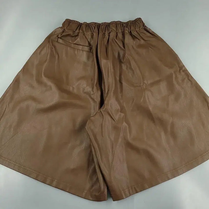 [BUNJANG] Vintage Brown Vegan Leather Bermuda Shorts / 빈티지 브라운 밴딩 비건레더 버뮤다 와이드 반바지 하프팬츠 24-28