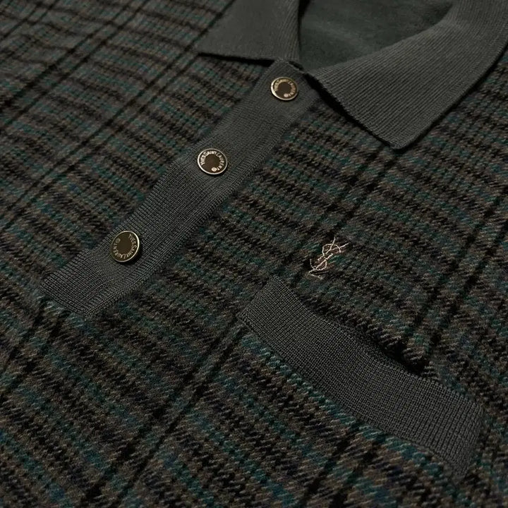 [BUNJANG] Yves Saint Laurent Checkered Button-Up Collar Knit [Khaki] M / 입생로랑 체크 배색 버튼업 카라 니트 [카키] M/95