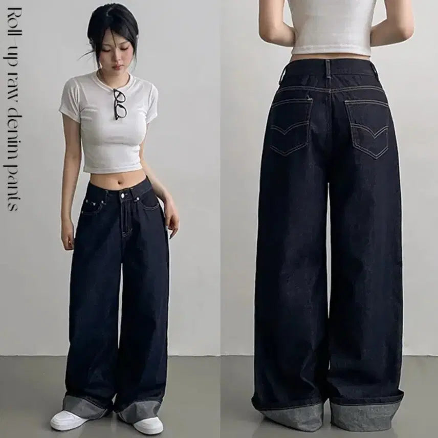 [BUNJANG] Unbranded Raw Denim Wide Roll-up Pants / 생지 와이드 롤업 데님 팬츠
