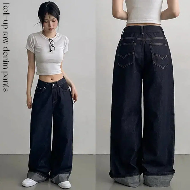 [BUNJANG] Unbranded Raw Denim Wide Roll-up Pants / 생지 와이드 롤업 데님 팬츠