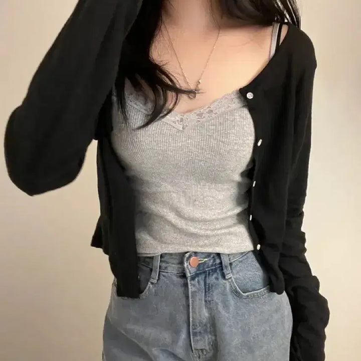 [SOLD OUT] 에이블리 살랑살랑 보카시 여름 살안타가디건 블랙