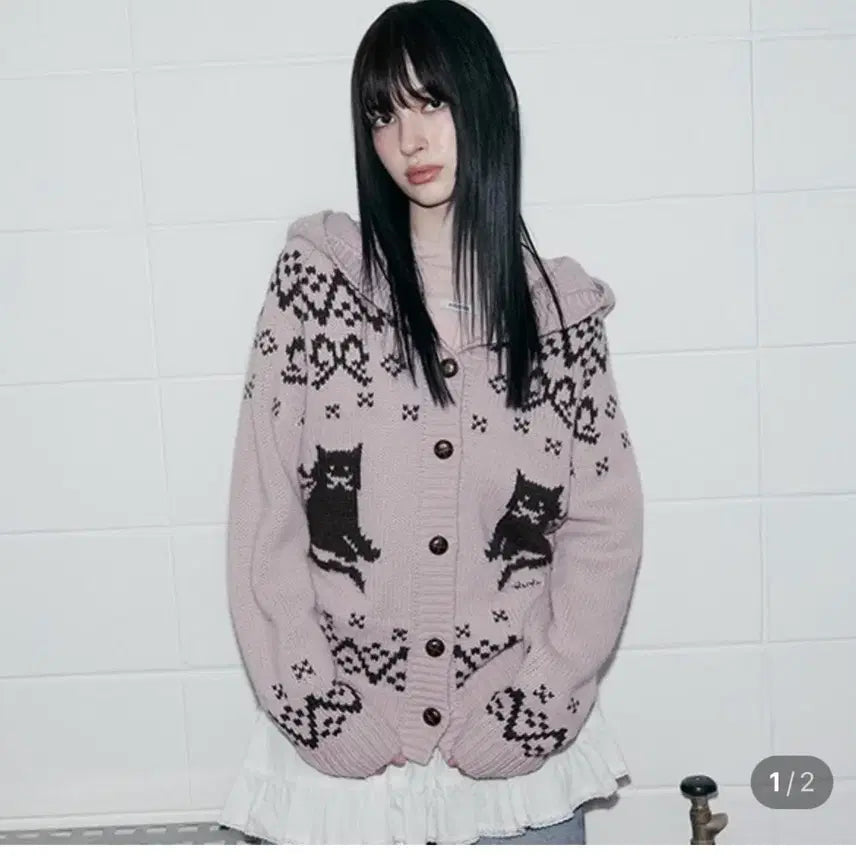 [BUNJANG] Rolala Jacquard Cat Cardigan / 로라로라 자카드 고양이 가디건