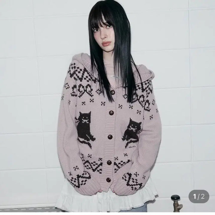 [BUNJANG] Rolala Jacquard Cat Cardigan / 로라로라 자카드 고양이 가디건