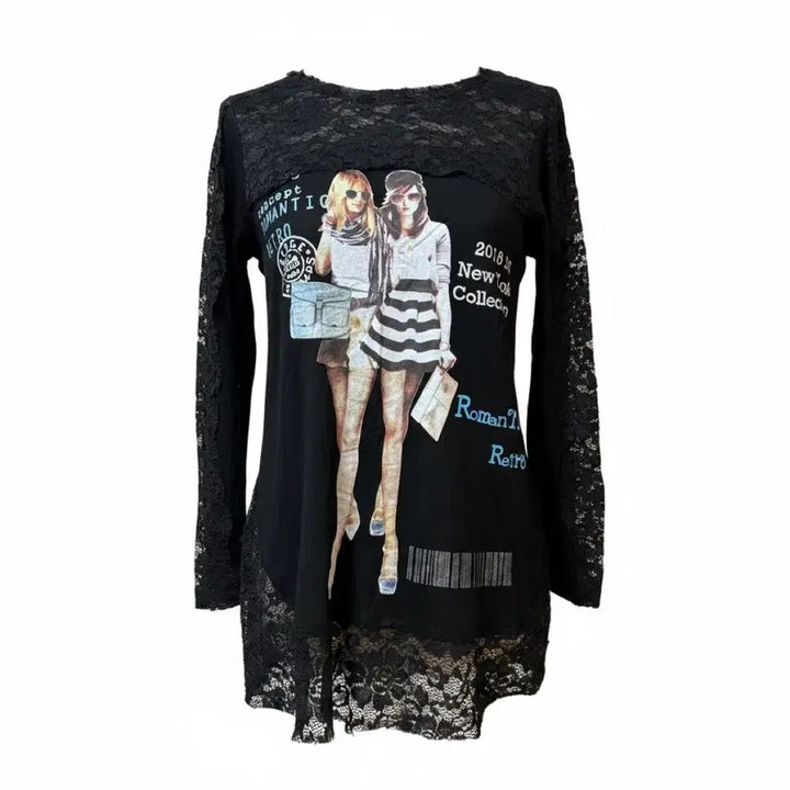 [BUNJANG] Vintage Lace Graphic Long Sleeve T-shirt / 레이스 배색 그래픽 긴팔 티셔츠