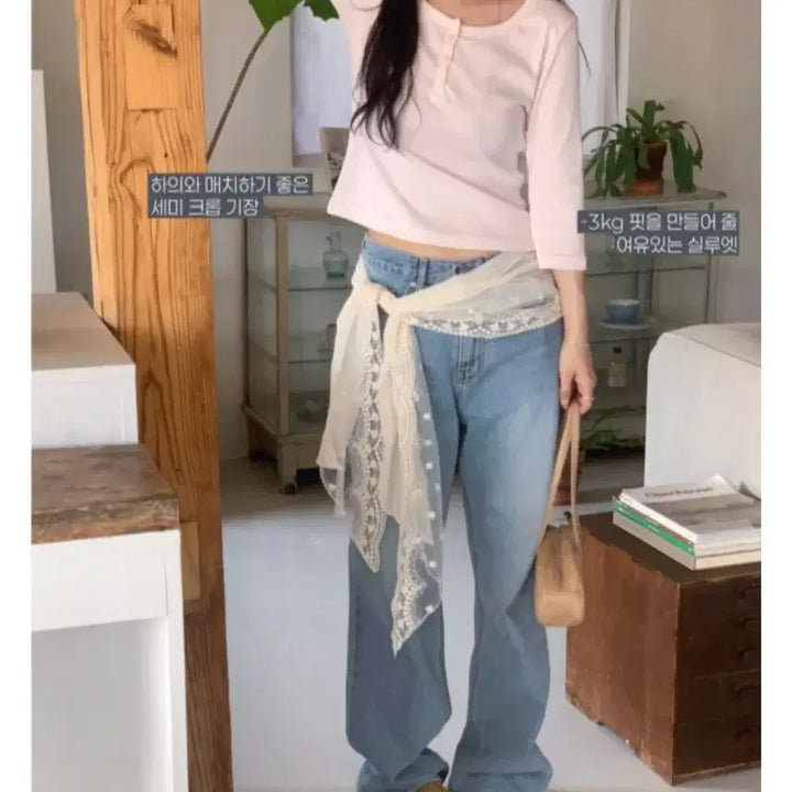 [BUNJANG] Hereyou Henley Neck 3/4 Sleeve T-shirt / (새상품)유리에 hereyou 버튼 헨리넥 7부티셔츠 핑크 소라