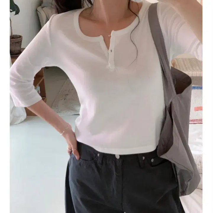 [BUNJANG] Hereyou Henley Neck 3/4 Sleeve T-shirt / (새상품)유리에 hereyou 버튼 헨리넥 7부티셔츠 핑크 소라