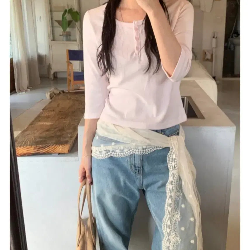 [BUNJANG] Hereyou Henley Neck 3/4 Sleeve T-shirt / (새상품)유리에 hereyou 버튼 헨리넥 7부티셔츠 핑크 소라