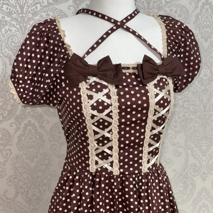 [BUNJANG] Bodyline Brown Dot Ribbon Vintage Dress / 오늘만 할인!!!! 바디라인 초코 브라운 도트 리본 일본 빈티지 원피스