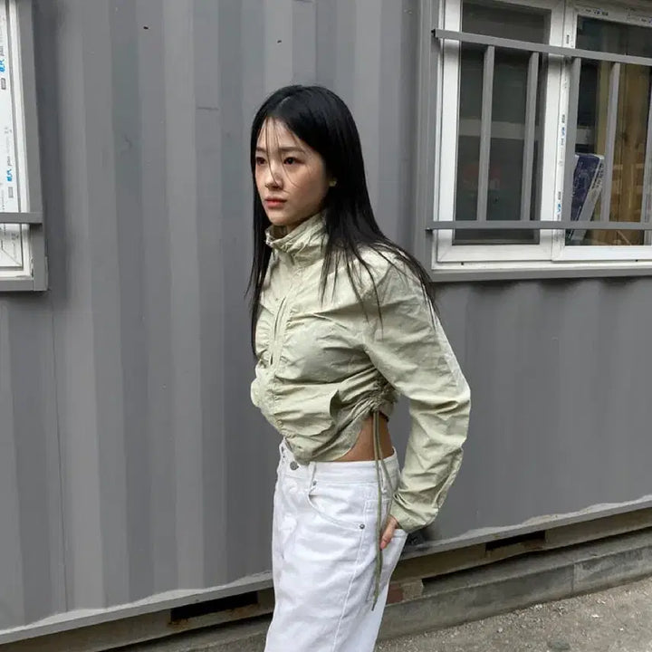 [BUNJANG] Wind Breaker Beige Ivory Jacket / 셔링 바람막이 윈드 브레이커 베이지 아이보리