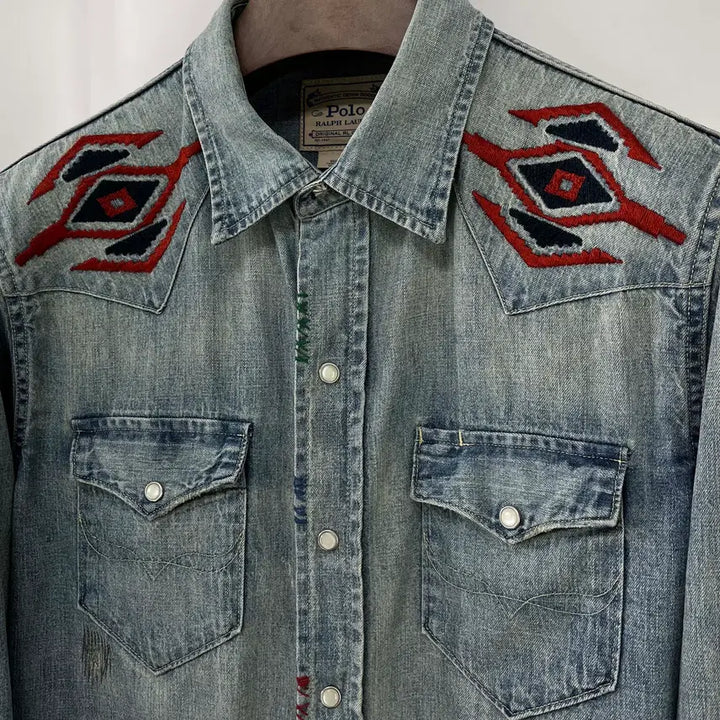 [BUNJANG] Polo Ralph Lauren Repair Concho Aztec Denim Shirt / 폴로 랄프로렌 리페어 콘초 아즈텍 사우스 웨스턴 데님 셔츠