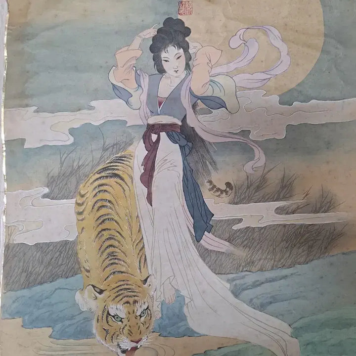 [BUNJANG] Tiger and Beauty Silk Painting / 호랑이와 미녀 비단천 그림