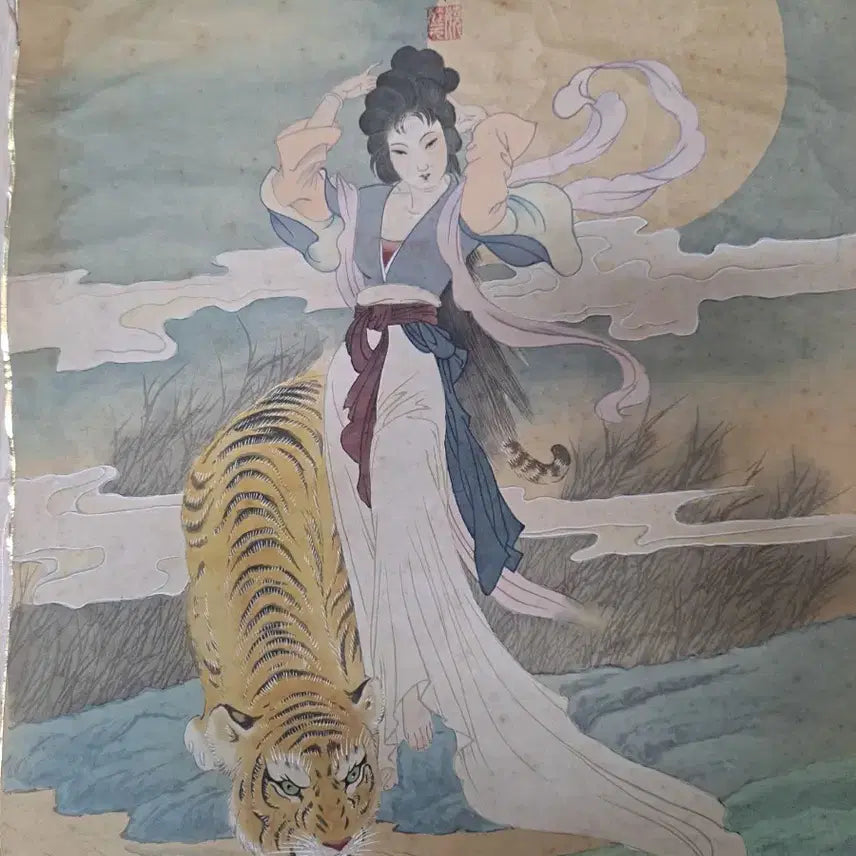 [BUNJANG] Tiger and Beauty Silk Painting / 호랑이와 미녀 비단천 그림